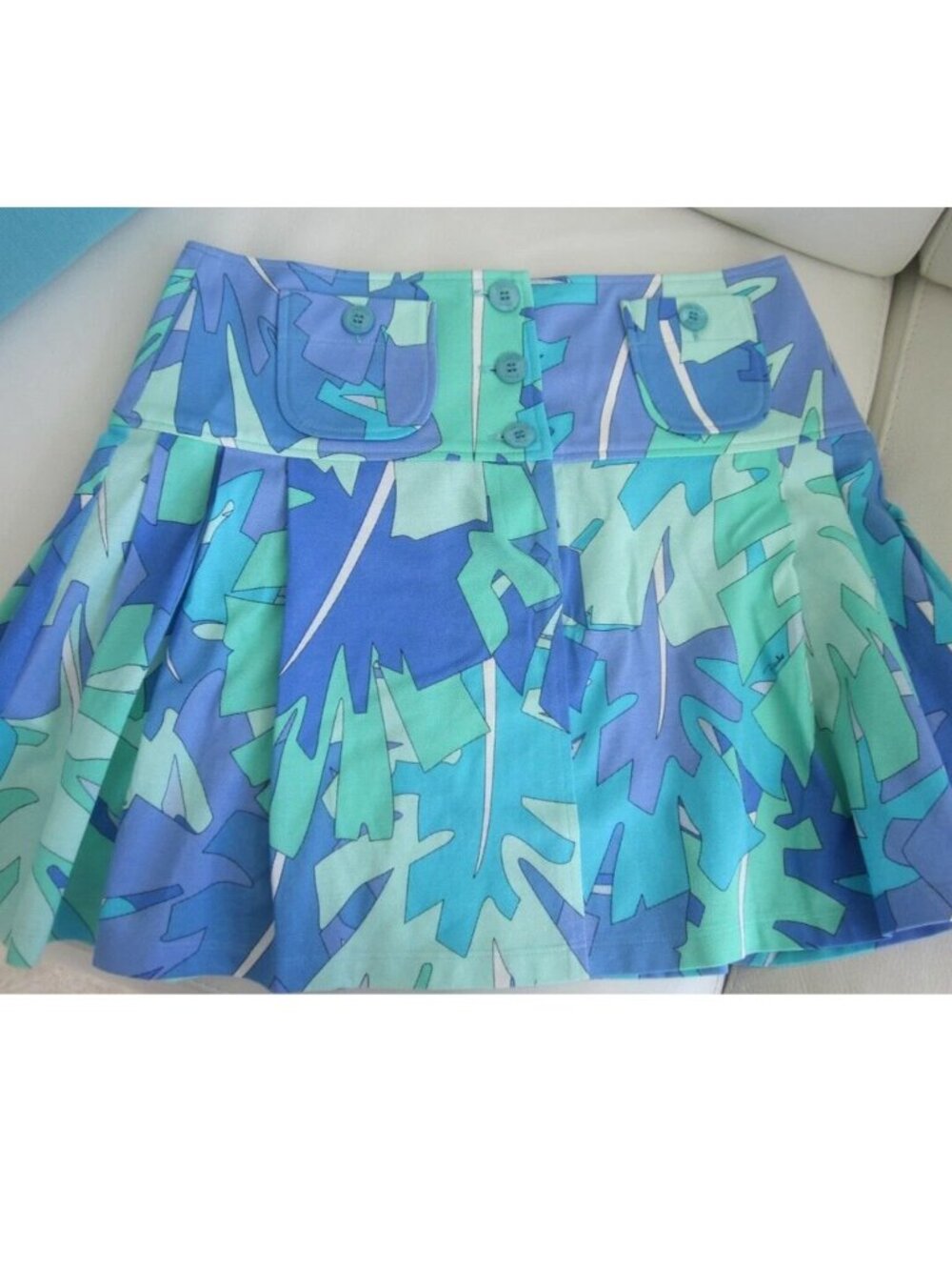 Emilio Pucci ABSTRACT PLEATED MINI Skirt USA 6 IT40 ITALIAN BLUE MINT PURPLE